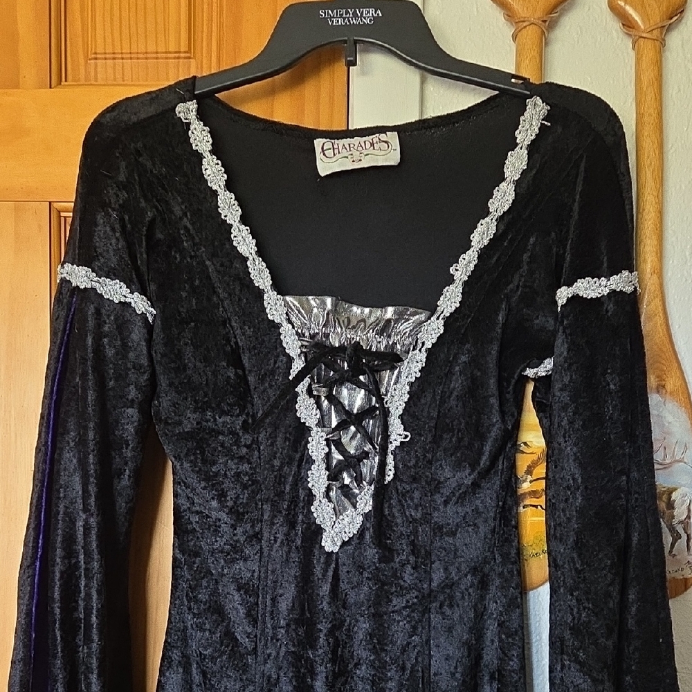 Charades Black Velvet Renissance Dress With Headband, Belt and Arm Covers